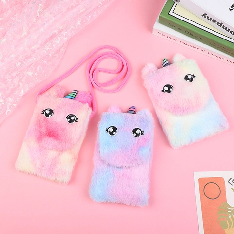 Bolso Bandolera de Unicornio de Peluche para Niños Color Macarrón Degradado Bordado de Dibujos Animados Bolso Pequeño