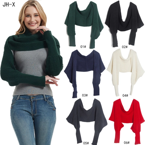 Knitted Scarf With Sleeves Acrylic Warm Winter Shawl Shrug Bolero Solid Color Soft For Women