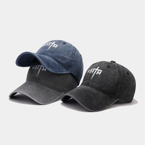 Cappello Da Baseball In Cotone Lavato Retro Distressed Faith Croce Scritta Protezione Solare Cappello Regolabile Unisex