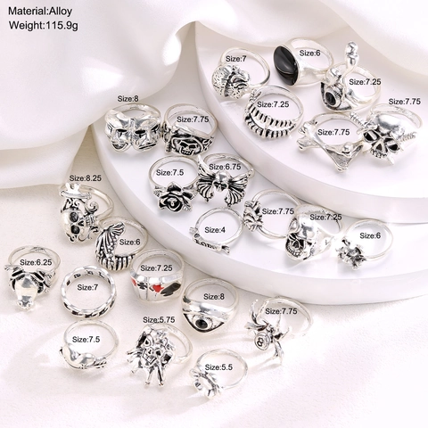 Vintage Silver Alloy Gothic Punk Rings Skull Spider Poker Card Eye Heart Accessory For Men Women
