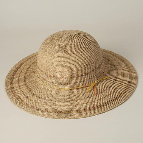 Hand Woven 100% Raffia Straw Hat For Women Wide Brim Colorful Striped Trim Summer Beach Sun Hat With Windproof Rope