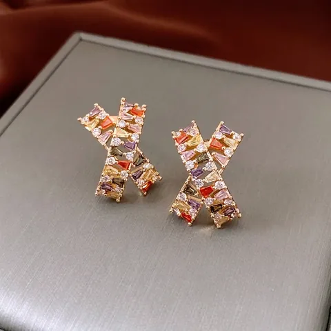 X Shape Cross Stud Earrings 18K Gold Plated Copper Colorful Baguette Zircon 925 Sterling Silver Earring Post For Women