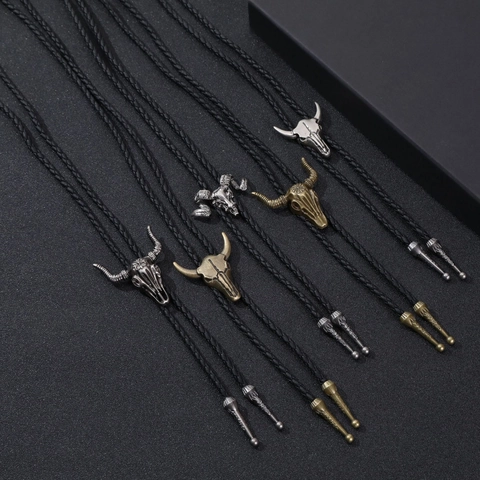 Vintage Western Cowboy Bolo Tie Alloy Bull Skull PU Leather Braided Rope Necklace Retro Accessory For Men