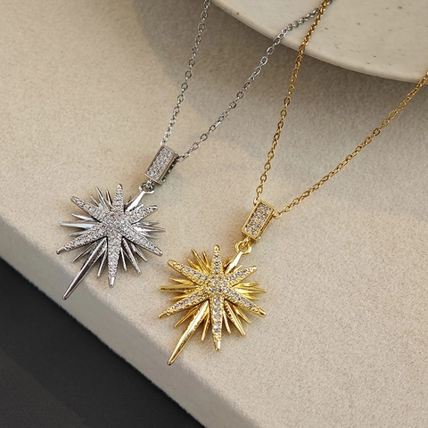 Titaniumstaal Koper Achtpuntige Ster Hanger Halsketting Voor Vrouwen Goud Zilver Vergulde Strass Sleutelbeen Ketting Sieraden