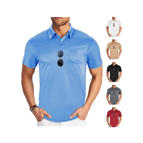 Heren Polo Shirt Korte Mouwen Ademend Mesh Stof Revers Zomer Sport Casual Top Met Zak Effen Kleur