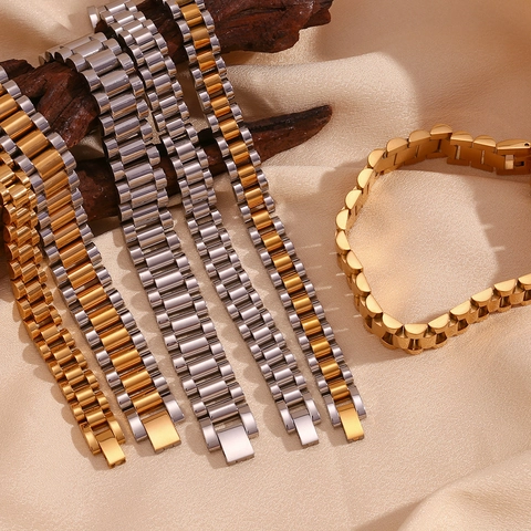 Pulsera De Acero Inoxidable Estilo Correa De Reloj Chapada En Oro Eslabones Minimalista Joyería Para Mujer