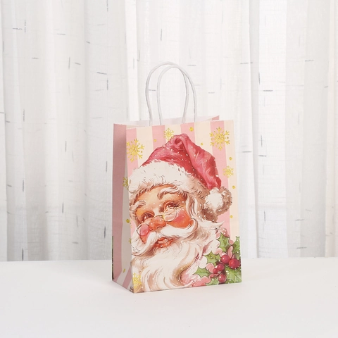 Bolsas De Regalo De Navidad De Papel Rosado Con Asas Para Recuerdos De Fiesta Diseños De Reno Papá Noel