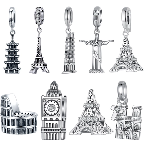 World Landmark Architecture 925 Sterling Silver Charm Bead With Zircon For DIY Jewelry Making Travel Theme