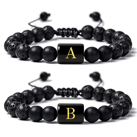 Lava Stein Initial Armband Matte Perlen Gold Buchstabe Verstellbares Geflochtenes Seil Schmuck Unisex
