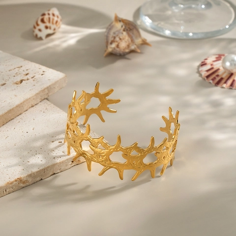 Onregelmatige Geometrische Doorn Manchetarmband Roestvrij Staal Verguld Stekelig Open Armring Sieraden Waterdicht