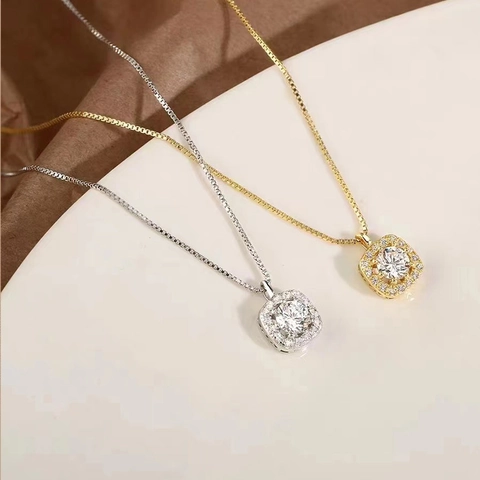 Collana Con Pendente Halo Quadrato Argento Sterling 925 Zirconia Cubica Rotonda Gioielli Eleganti Per Donna Regalo