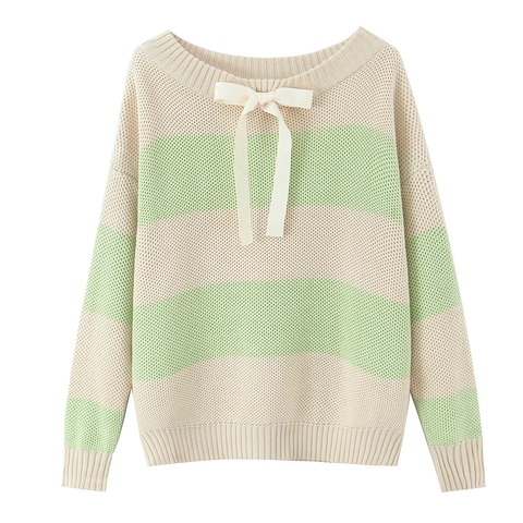 Pull En Tricot Rayé Pour Femmes Texture Gaufre Manches Longues Col Rond Détail Noeud Papillon Élégant