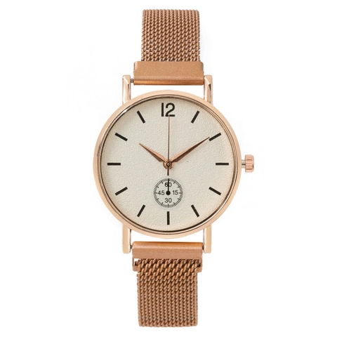 Women Fashion Quartz Watch Alloy Case Milanese Mesh Magnet Metal Strap Analog Round Dial Elegant Decorative Wristwatch