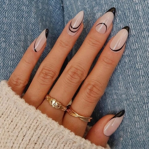 Uñas Postizas Press On Almendra Largas Líneas Negras Abstractas Nude Puntas De Uñas Brillantes Diseño Minimalista