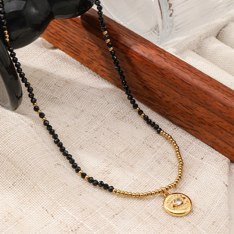 Minimalistische Edelstahlkette Mit Schwarzen Spinellperlen Für Damen Eleganter Evil-Eye-Anhänger Vergoldeter Layering Schmuck
