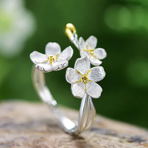 Forget-Me-Not Flower Ring 925 Sterling Silver Handmade Adjustable Open Finger Ring 18K Gold Plated Nature Style Jewelry For Women