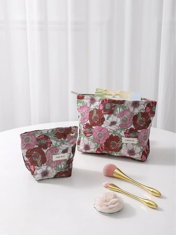 Trousse De Maquillage En Jacquard Floral Vintage Pochette Cosmétique Grande Petite Organisateur De Voyage Pour Femmes Fermeture Éclair