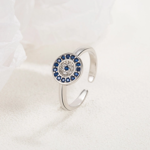 925 Sterling Silver Evil Eye Adjustable Open Ring For Women Rhinestone Inlaid Gold White Rose Gold Plated Finger Jewelry