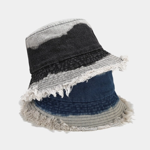 Washed Denim Bucket Hat Gradient Tie-Dye Distressed Frayed Edge Sun Protection Vintage Streetwear For Women