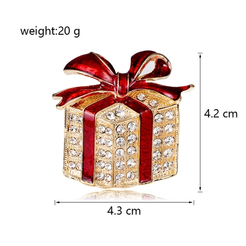 Festive Christmas Gift Box Brooch Pin Rhinestone Enamel Bow Jewelry Alloy Corsage Decoration Women New Year Gift