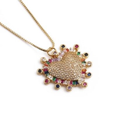 Heart Pendant Necklace Copper Gold Plated With Colorful Zircon Vintage Baroque Style Jewelry For Women