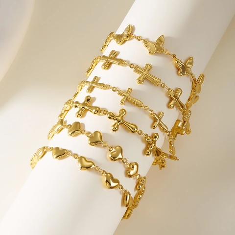 Braccialetti a Catena in Acciaio Inossidabile con Farfalla Cuore Croce per Uomo Donna Gioielli Placcati Oro Regolabili