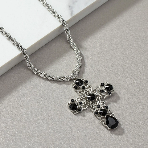 Cross Necklace Alloy Black Gemstone Twisted Rope Chain Punk Hip Hop Gothic Jewelry For Men Women