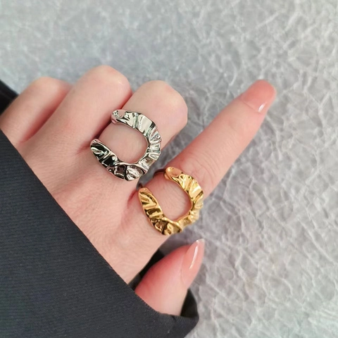 Minimalist Irregular Crinkle Wavy Texture Copper Ring Double Layer Adjustable Open Ring For Women Ins Style Aesthetic