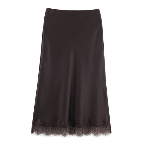 Jupe Midi en Satin Élégante pour Femmes avec Bordure en Dentelle Taille Haute Jupe Droite Couleur Unie Streetwear Fête