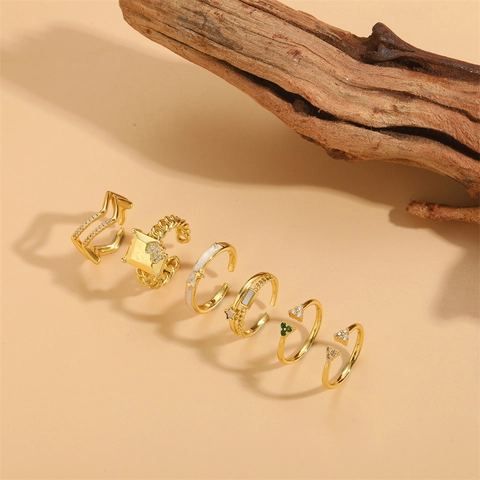 Gold Plated Copper Zirconia Open Ring For Women Heart Star Geometric Adjustable Shell Drip Oil Minimalist Jewelry Ring Gift