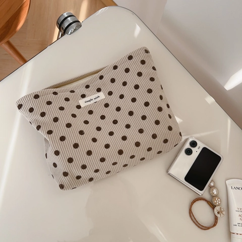 Polka Dot Corduroy Makeup Bag Vintage Maillard Style Clutch Zip Cosmetic Organizer For Travel Daily Wash Pouch
