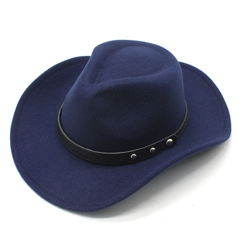 Western Cowboy Hat Felt Fedora Wide Brim Riveted Leather Band Vintage Punk Jazz Style Unisex Outdoor Sun Hat