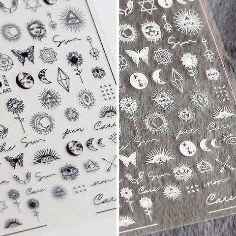 Adesivi Per Unghie Mistici Con Motivi Di Sole E Luna Decalcomanie Adesive Ultrasottili Nero Bianco Decorazione Manicure