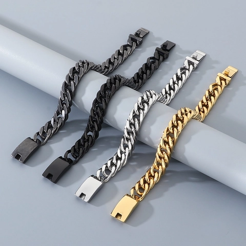Bracciale A Catena Cubana Acciaio Inossidabile 316L Lucidato Piastra ID Rettangolare Stile Punk Hip Hop Uomo