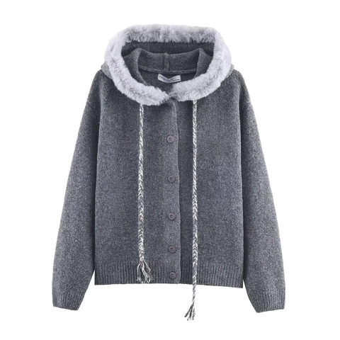 Women Knitted Hooded Cardigan Faux Fur Trim Braided Drawstring Tassel Button Down Sweater Polyester Nylon Spandex Casual