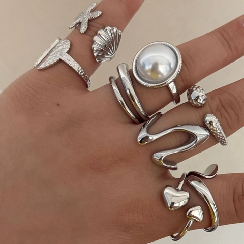 Anello In Acciaio Inossidabile Da Donna Placcato Oro PVD Minimalista Oceano Conchiglia Stella Marina Perla Artificial Regolabile Gioielli