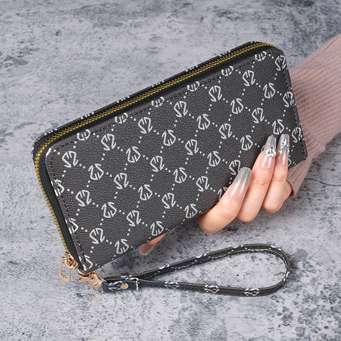Damen Geldbörse Lang PU-Leder Reißverschluss Monogramm Druck Handgelenktasche Große Kapazität Telefon Kartenhalter