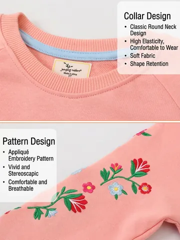 Sweat-shirt En Coton Pour Fillettes Pull À Manches Longues Col Rond Broderie Florale Poignets Nervurés Haut Décontracté