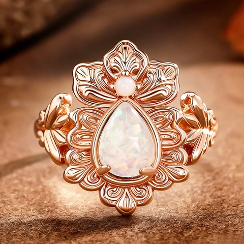 Vintage Copper Ring With Imitation Opal Pear Shaped Water Drop Iris Flower Floral Carved Bohemian Style For Women