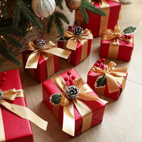 Scatole Regalo Di Natale Carta Nastro Di Raso Decorativo Pigne Bacche Confezione Regalo Per Feste Festive Dimensioni Assortite