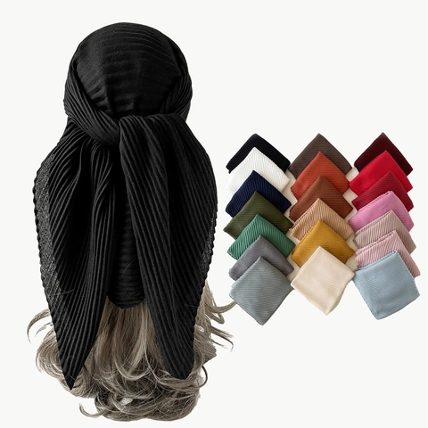 Women Pleated Square Scarf Wrinkled Solid Color Bandana Fashion Elegant Large Headscarf Neck Scarf