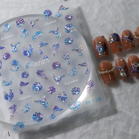 Autocollants Pour Ongles 3D Relief Holographique Laser Sirène Coquillage Thème Océan Auto Adhésif Manucure Décoration Femmes