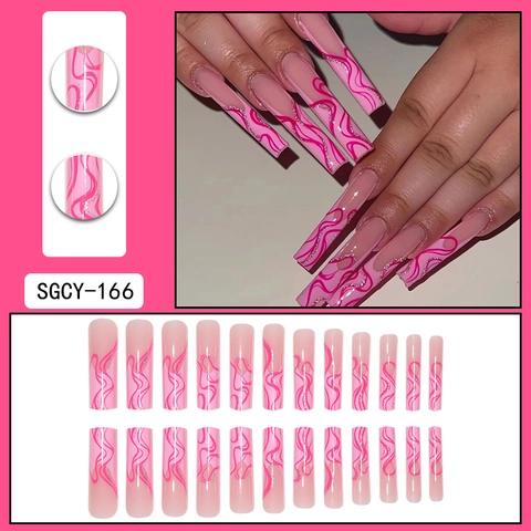 Uñas Postizas Cuadradas Extra Largas Líneas Onduladas Rosas Brillo Plateado Manicura De Moda Para Mujeres