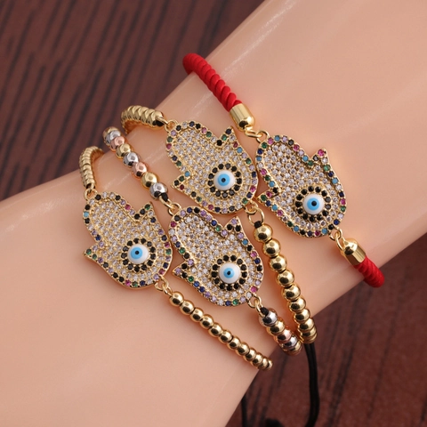Hamsa Hand Böser Blick Armband Kupfer Mikro Pave Bunter Zirkonia Verstellbar Geflochtenes Seil Schmuck Damen