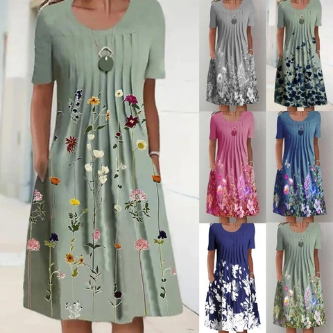 Women's Floral Print Midi Dress Elegant Round Neck Short Sleeve Pleated Casual Sun Dress With Pockets Polyester Summer Beach Dress