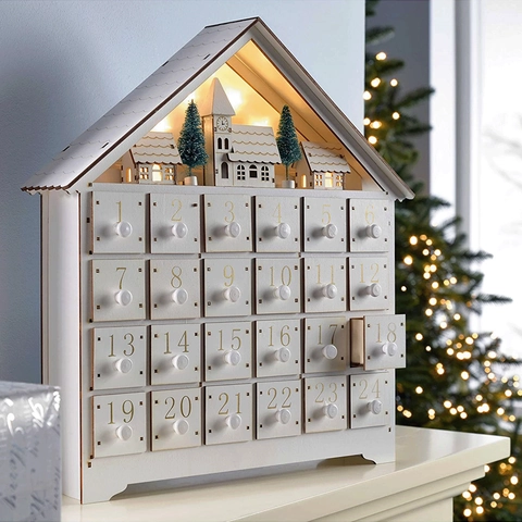 Calendrier De L'Avent De Noël Maison En Bois Lumière LED Chaude Tiroirs Décoration De Table Compte À Rebours