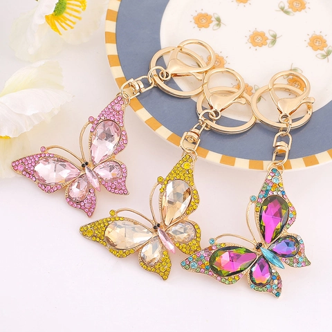 Luxury Butterfly Rhinestone Keychain Necklace Alloy Crystal Inlaid Pendant Bag Charm Keyring For Women Party Gift Jewelry