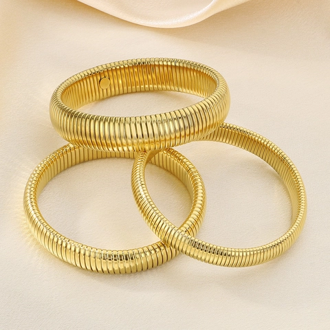 Stainless Steel Tubogas Bangle Elastic Ribbed Texture Stackable Chunky Bracelet Unisex Minimalist Jewelry Gift