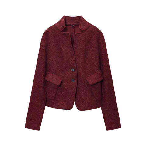Chaqueta Boucle Para Mujer Rojo Vino Manga Larga Cuello Alzado Con Botones Abrigo Corto Estilo Vintage Francés