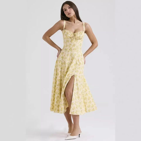 Floral Print Cami Midi Dress Sexy Backless High Split Slim Fit Polyester Summer Vacation French Vintage Style For Women